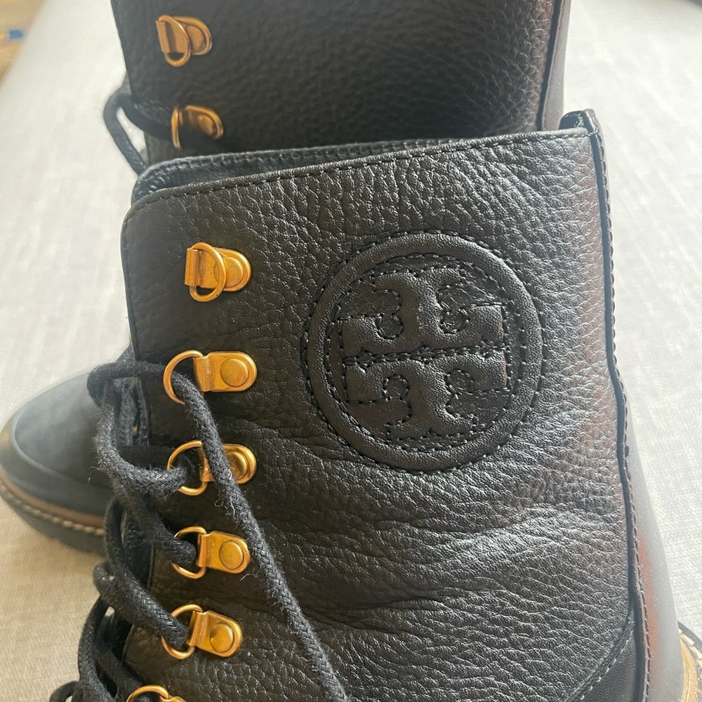 EUC Tory Burch Black Lace-Up Block Heel Boots with Gold Hardware